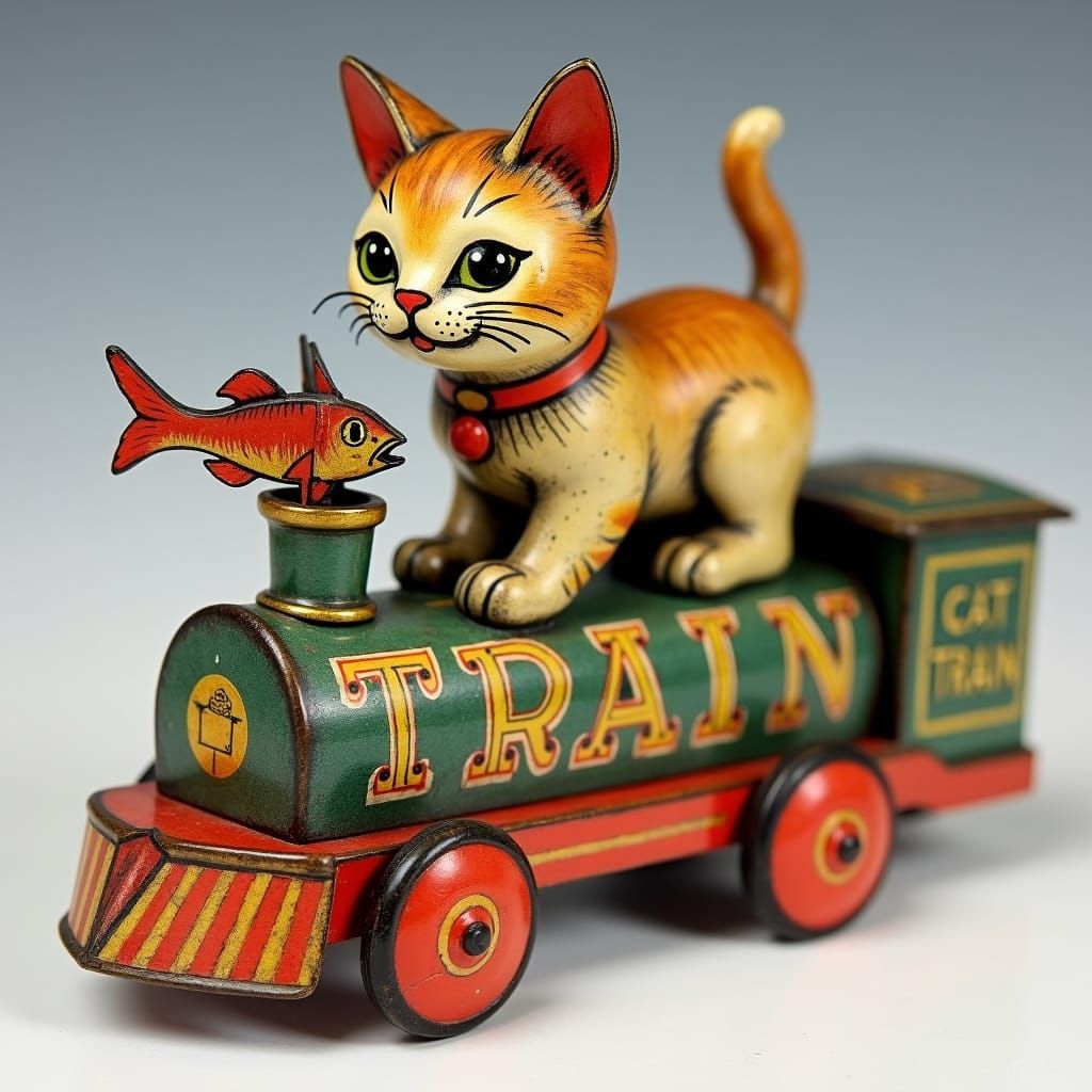 Vintage Litho Cat Train Wind-Up Toy