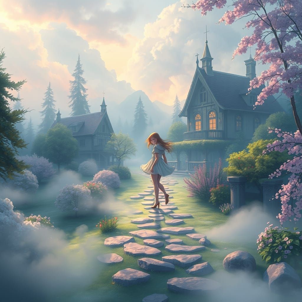 Ethereal Anime Goddess Walks on Air in Whimsical Fantasy