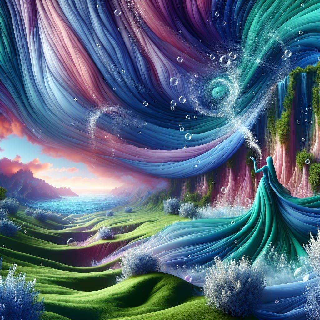 Surreal Landscape with Woman in Blue Fabric