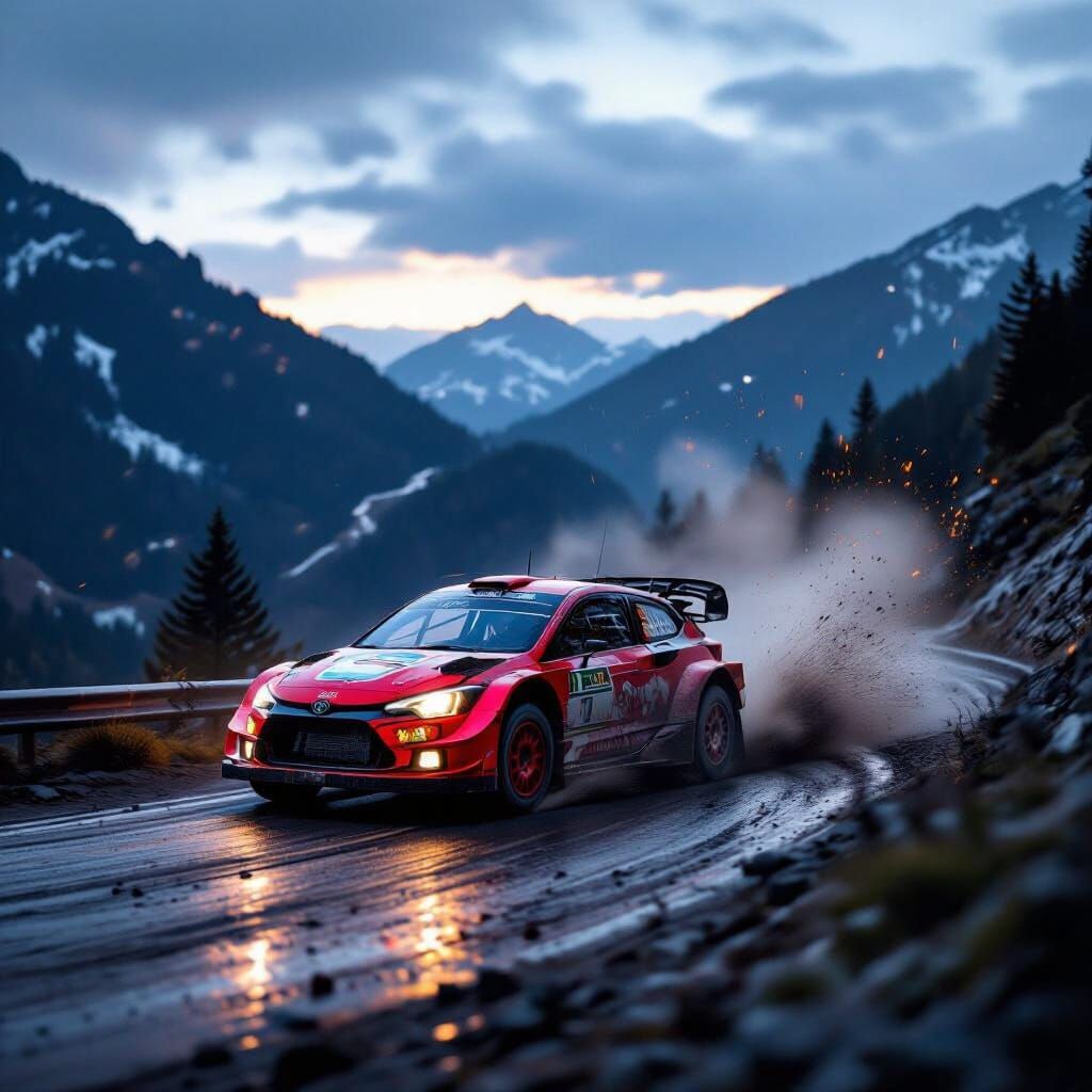Red Rally Car on Wet Mountain Pass at Dusk