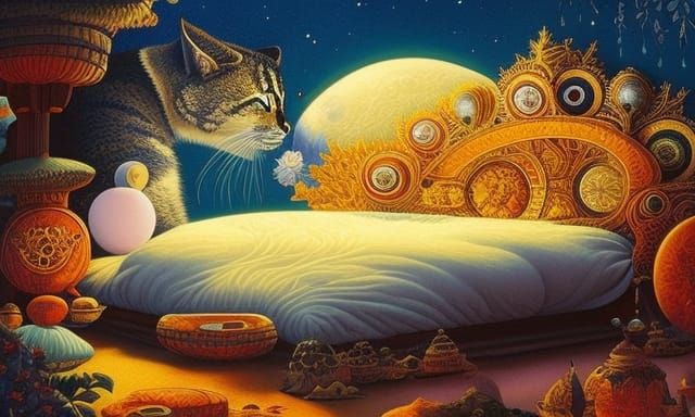 Dreamy Woman with Cats in Surreal Celestial Bed