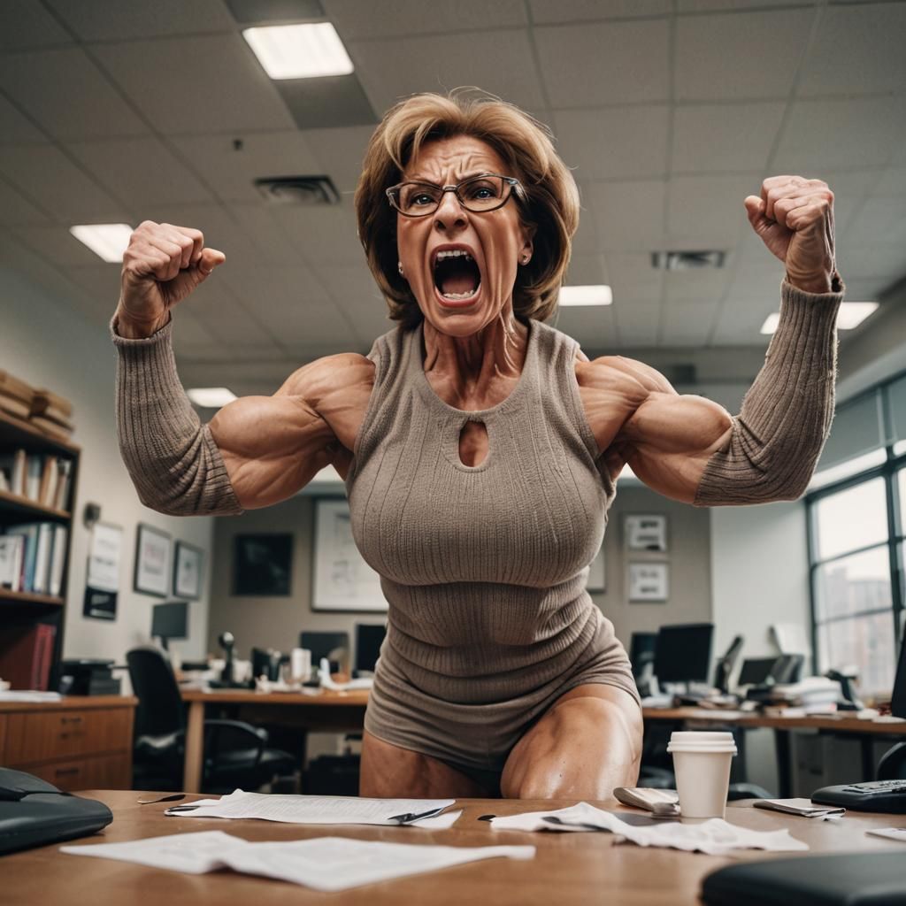 Muscular Woman Bodybuilder Office Rampage