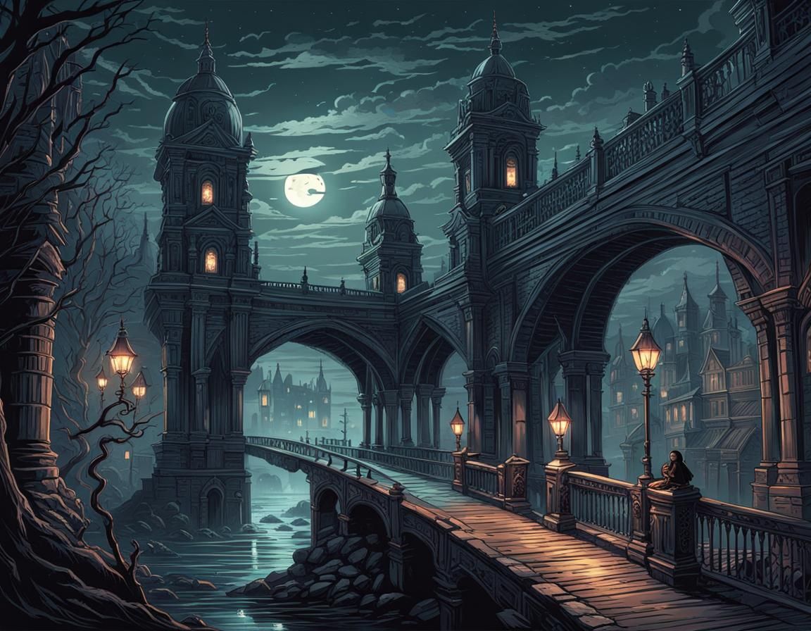Eerie Victorian City Bridge at Night