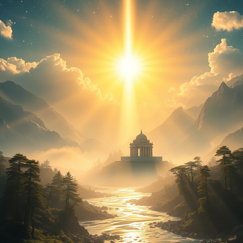 Divine Creation Landscape with Heavenly Light and Ancient Te...