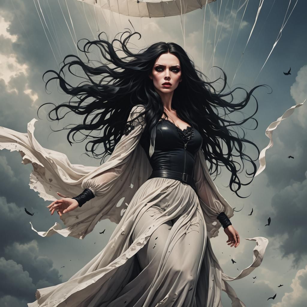 Gothic Black Widow Bride Skydiving, in Burtonesque Style