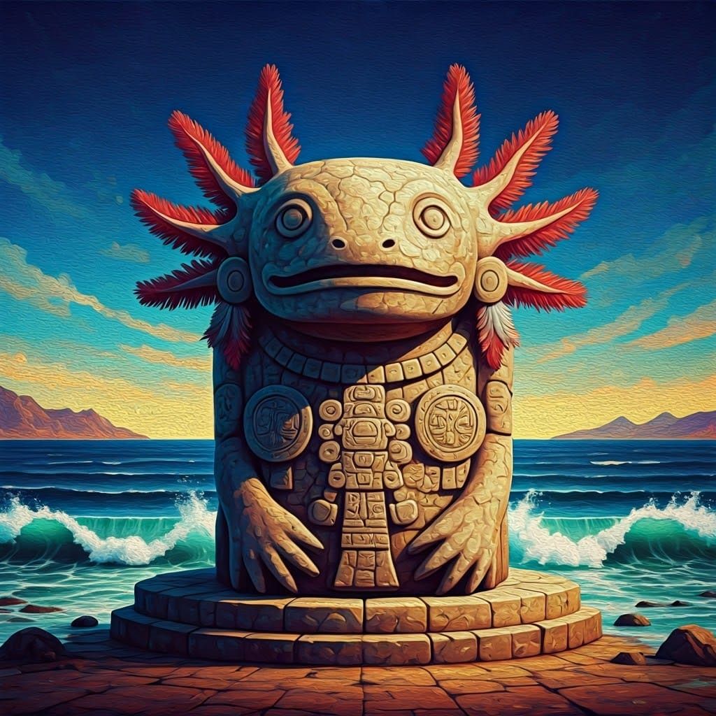 Ancient Aztec Axolotl God Statue by the Sea