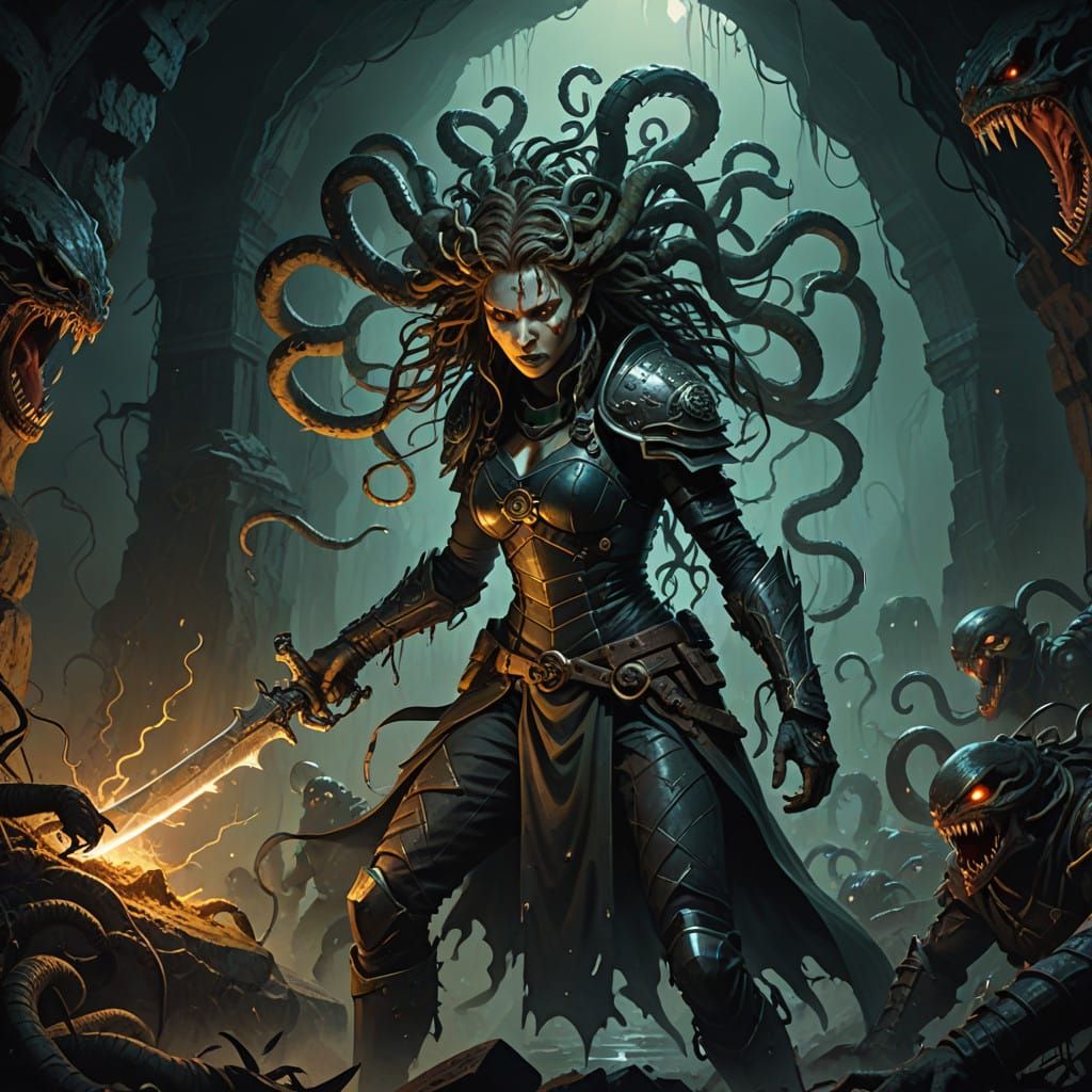 Dark Fantasy Combat Scene: Medusa Woman vs Drider Lady