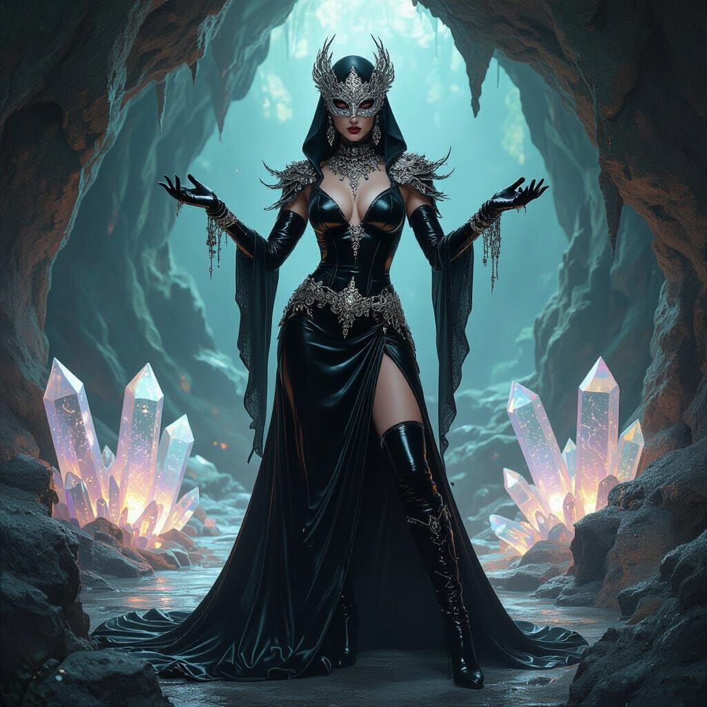 Sorceress in Bioluminescent Grotto, Art Nouveau Style