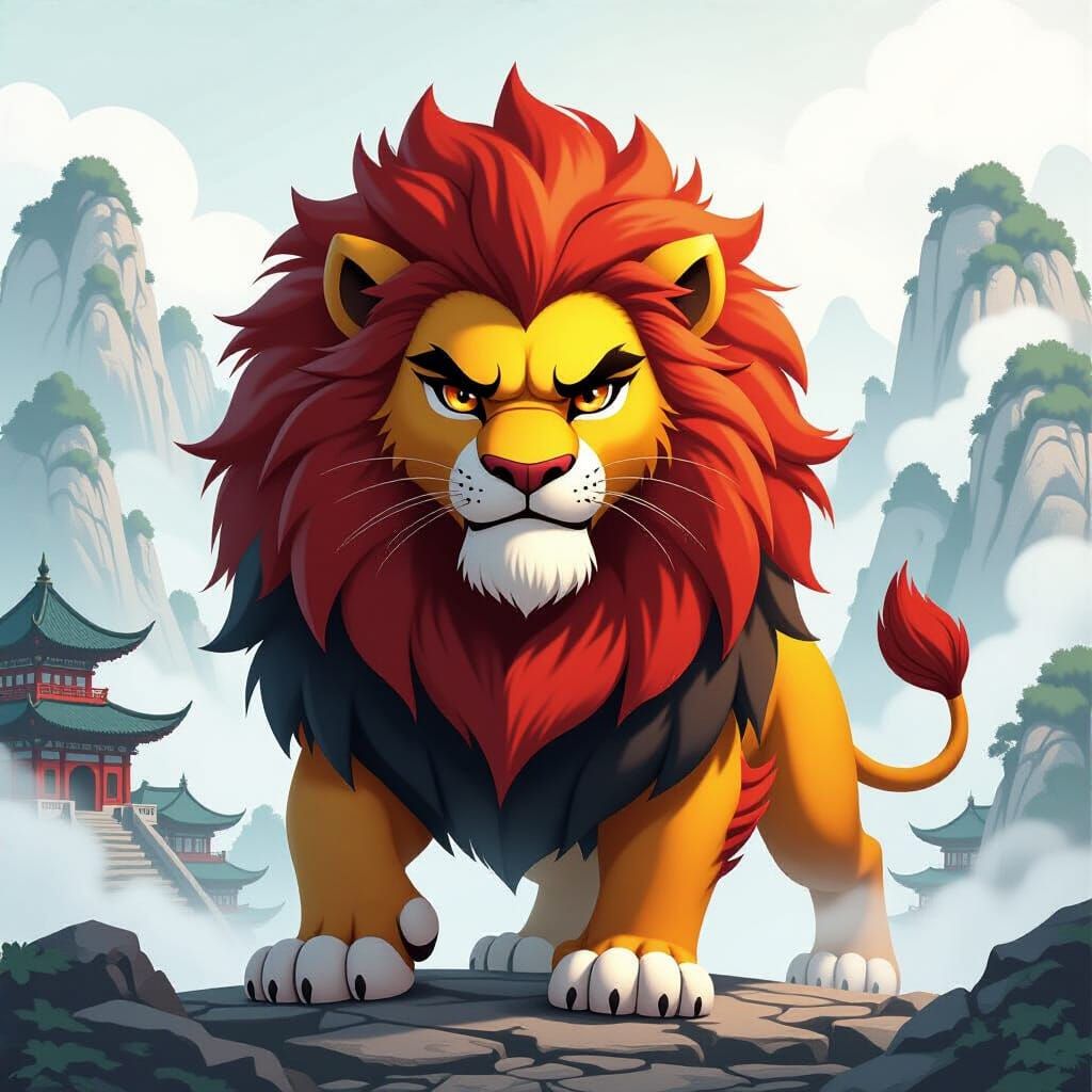 Majestic Korean Lion in Traditional Korean Art Style
