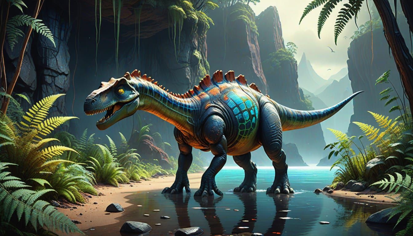 Surreal Dinosaur Grazing in Dreamlike Forest