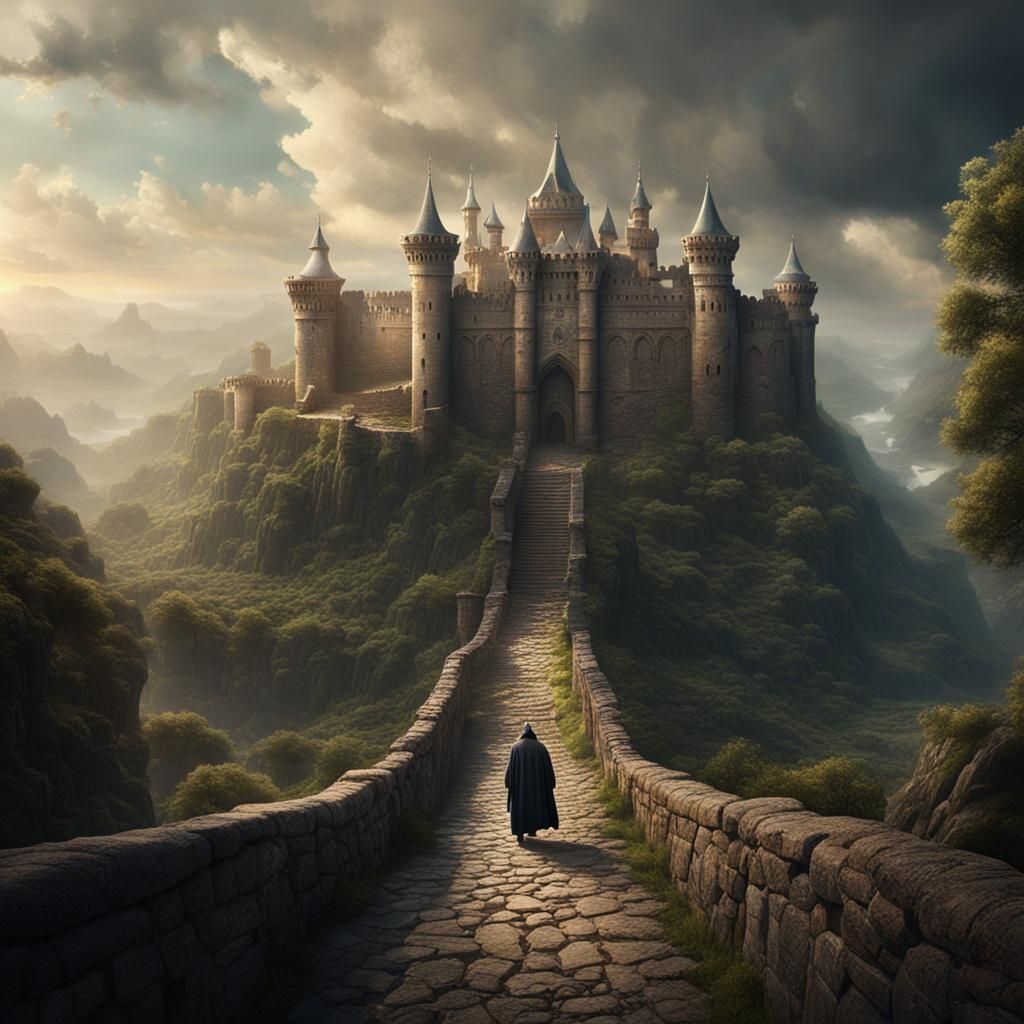 Cleric Exploring Ancient Castle: Dramatic Digital Matte Pain...