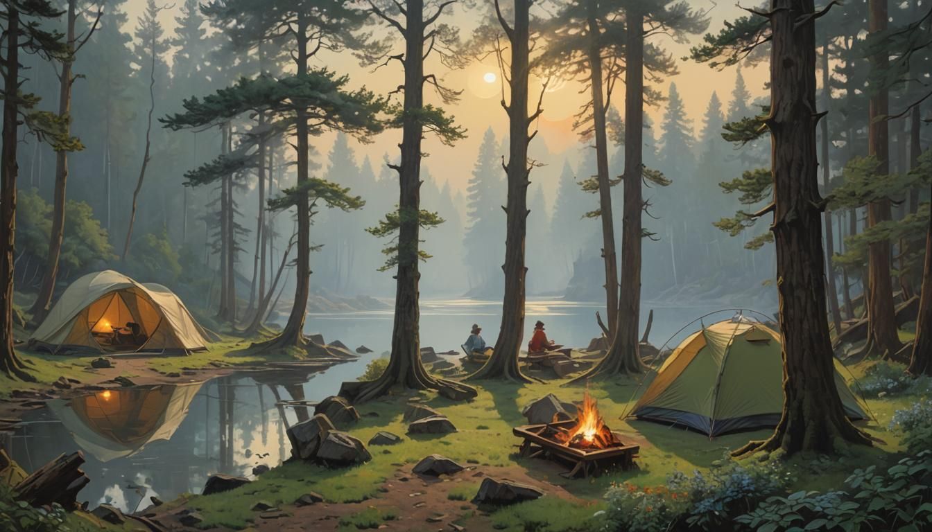 16k resolution, art by Claude Monet, Joaquín Sorolla, Syd Mead, Alphonse Mucha, H.R. Giger. Lakeside camping, misty sunr...