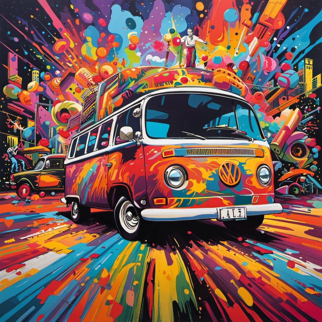 VW Van at Music Festival in Graffiti Art Style