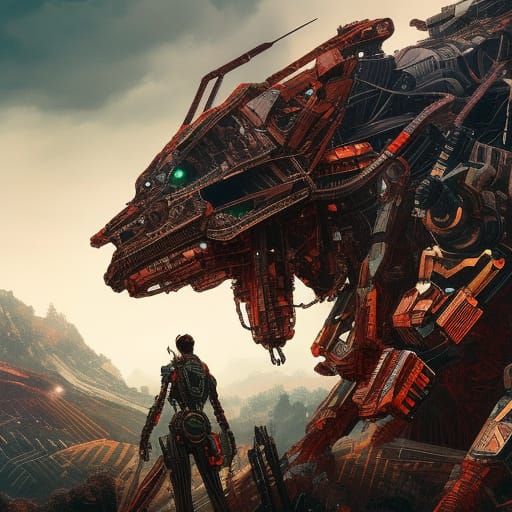 Worn Mecha Robot in a Surreal Landscape