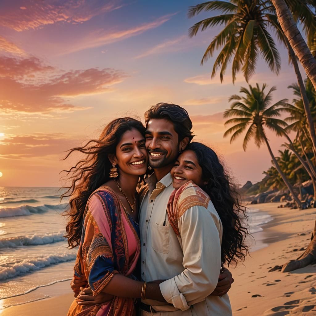 Indian Couple's Beach Sunset Embrace: Matte Painting