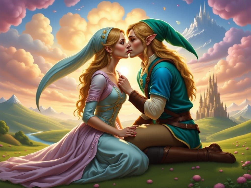 Zelda and Link Kissing in Front of Hyrule Castle