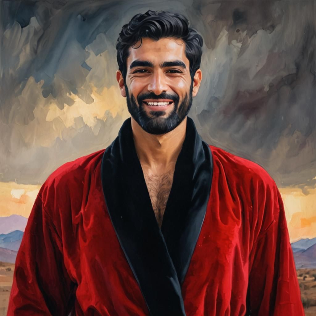 Attractive Man in Red Velvet Robe as Impasto Painting