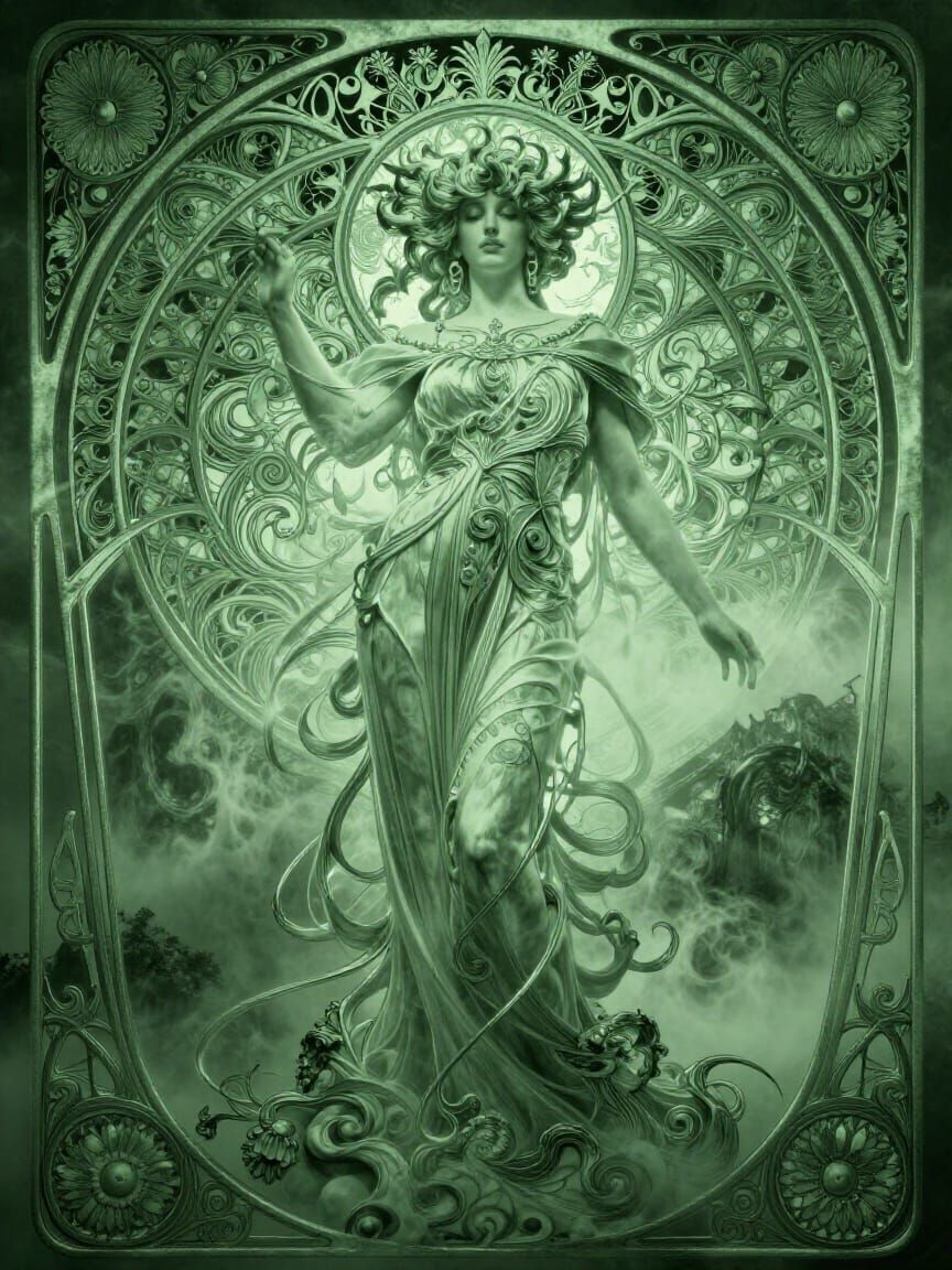 Intricate Art Nouveau Design in Ethereal Green Mist