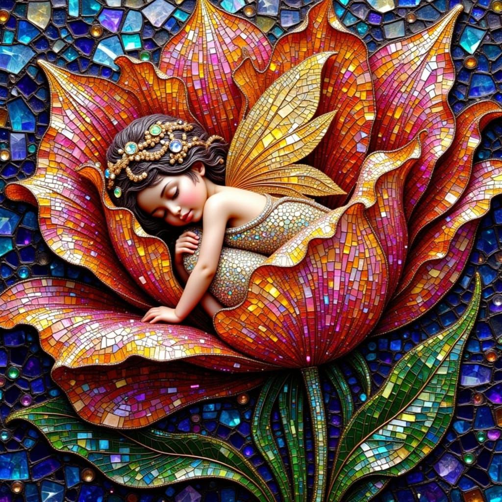 Mosaic Fairy Sleeping in Tulip Petals