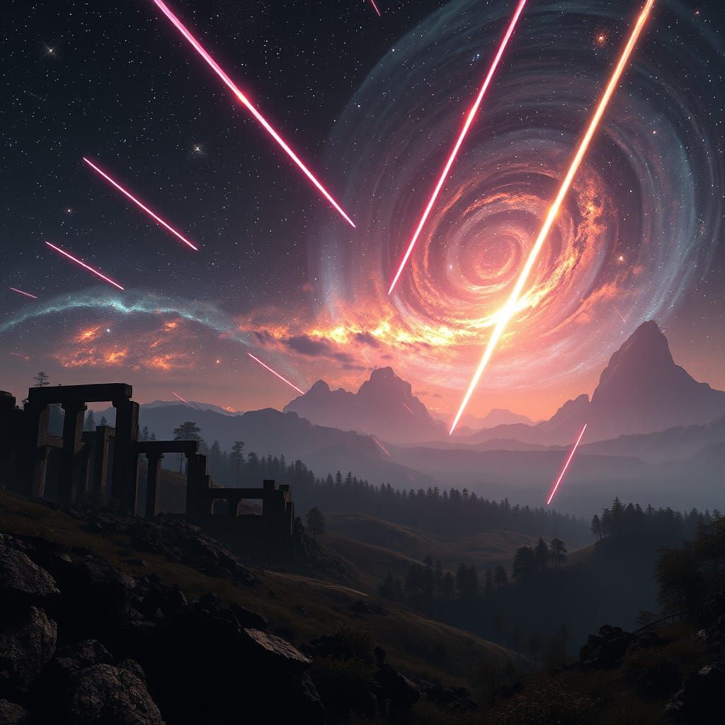 Cosmic Odyssey: Shooting Stars Over Ancient Ruins and Mystic...