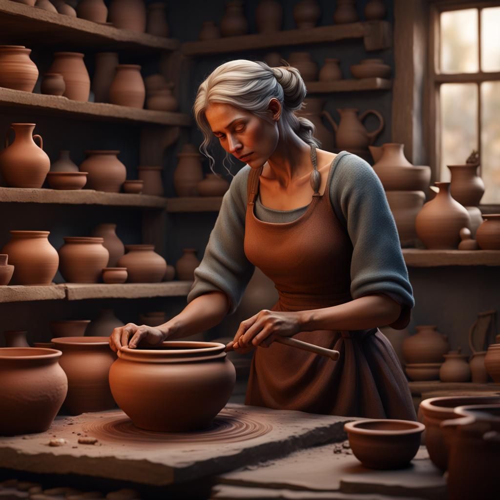 Woman Creates Clay Pot: Detailed Matte Painting