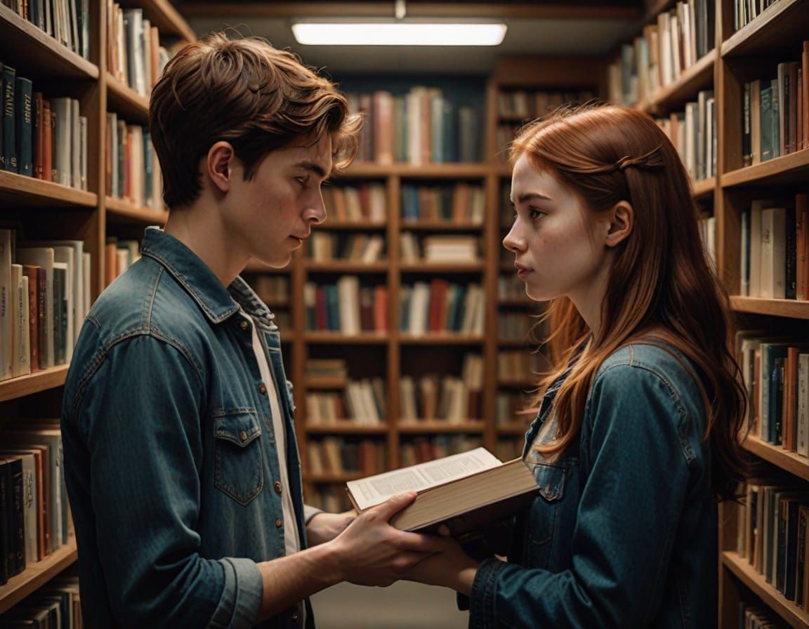 Romantic Library Encounter in Realistic Style