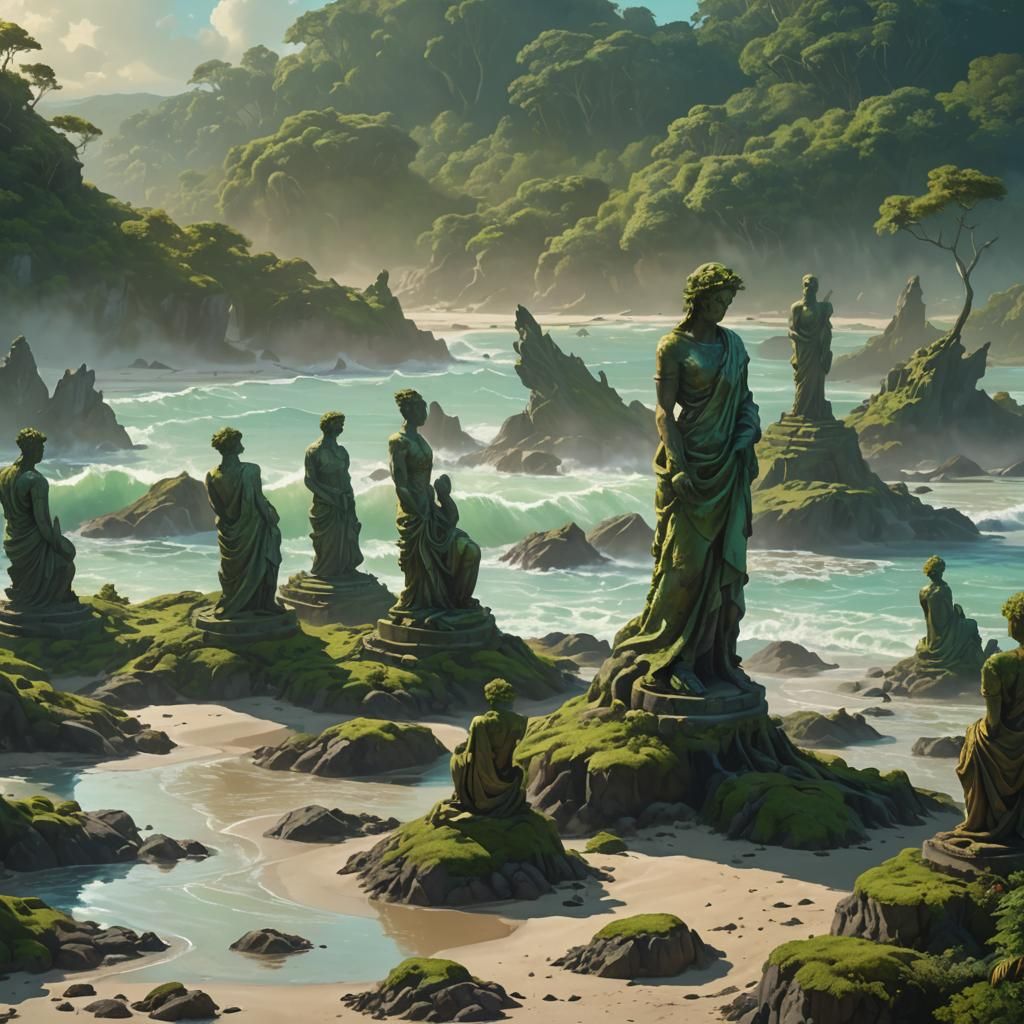 Surreal Statues Emerge from Island as Vivid Oil Painting