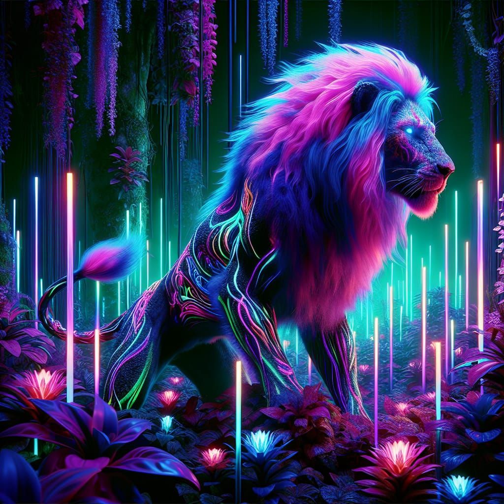 Biopunk Lion in Neon-Lit Bioluminescent Jungle