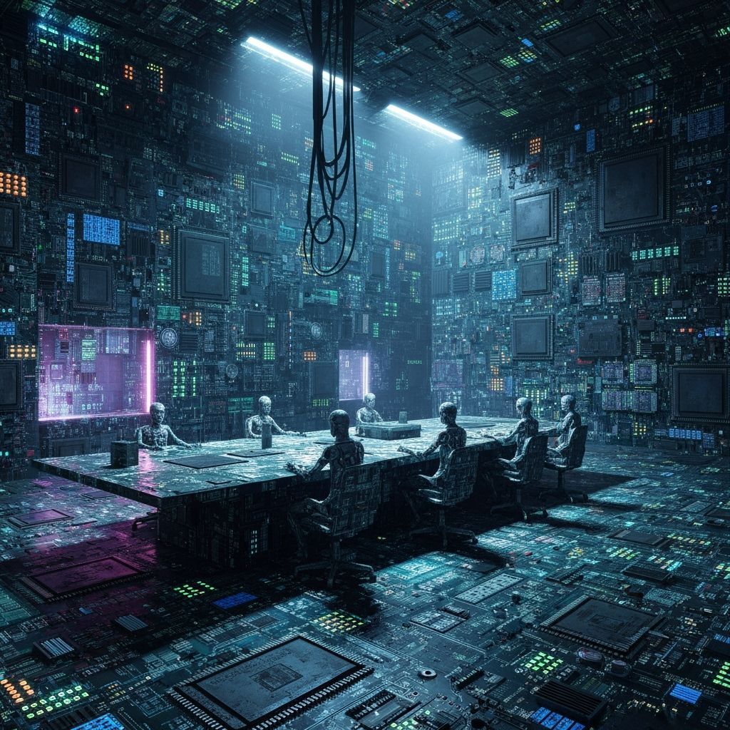 Cyberpunk Androids Plotting in a PCB Cavern