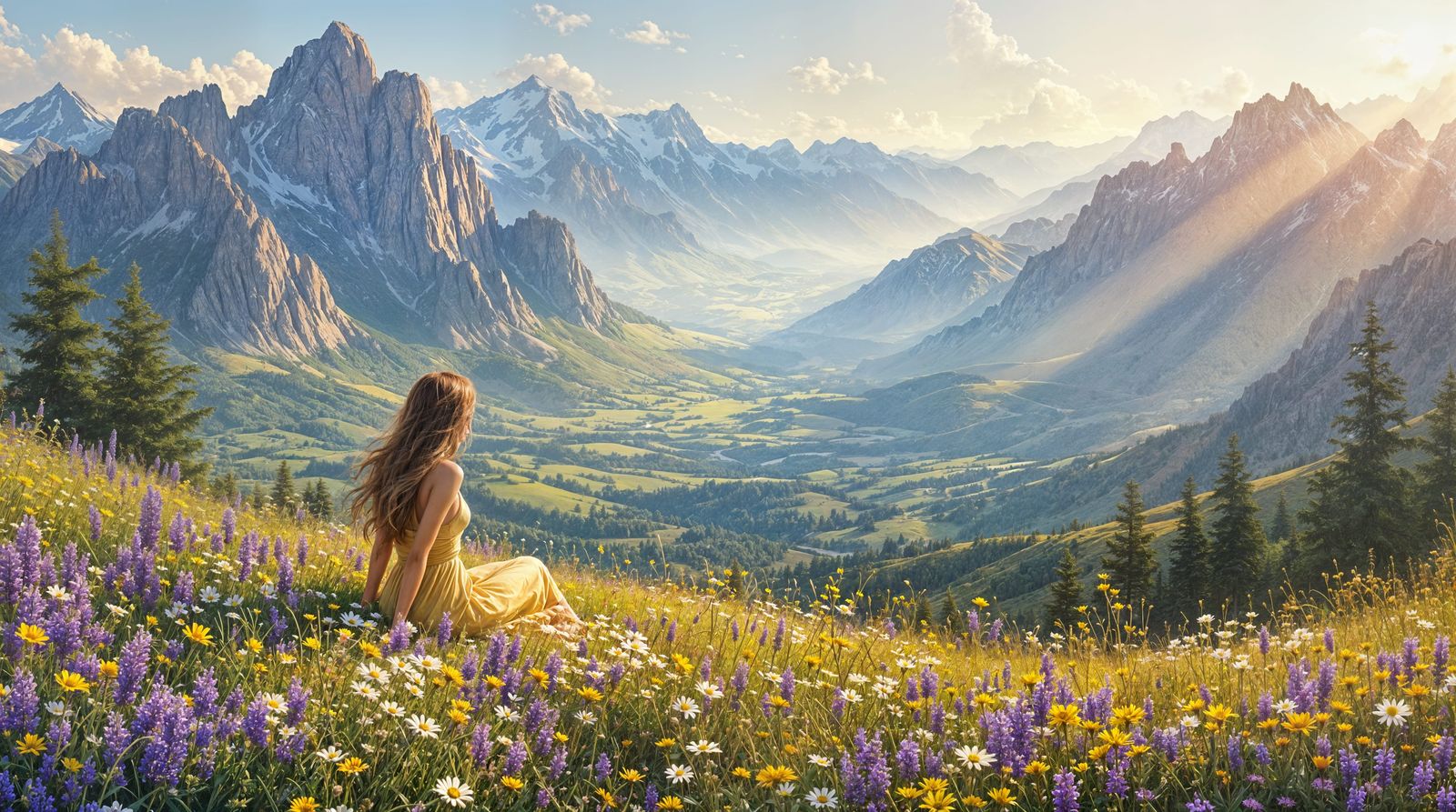 Serene Mountain Landscape with Contemplative Woman