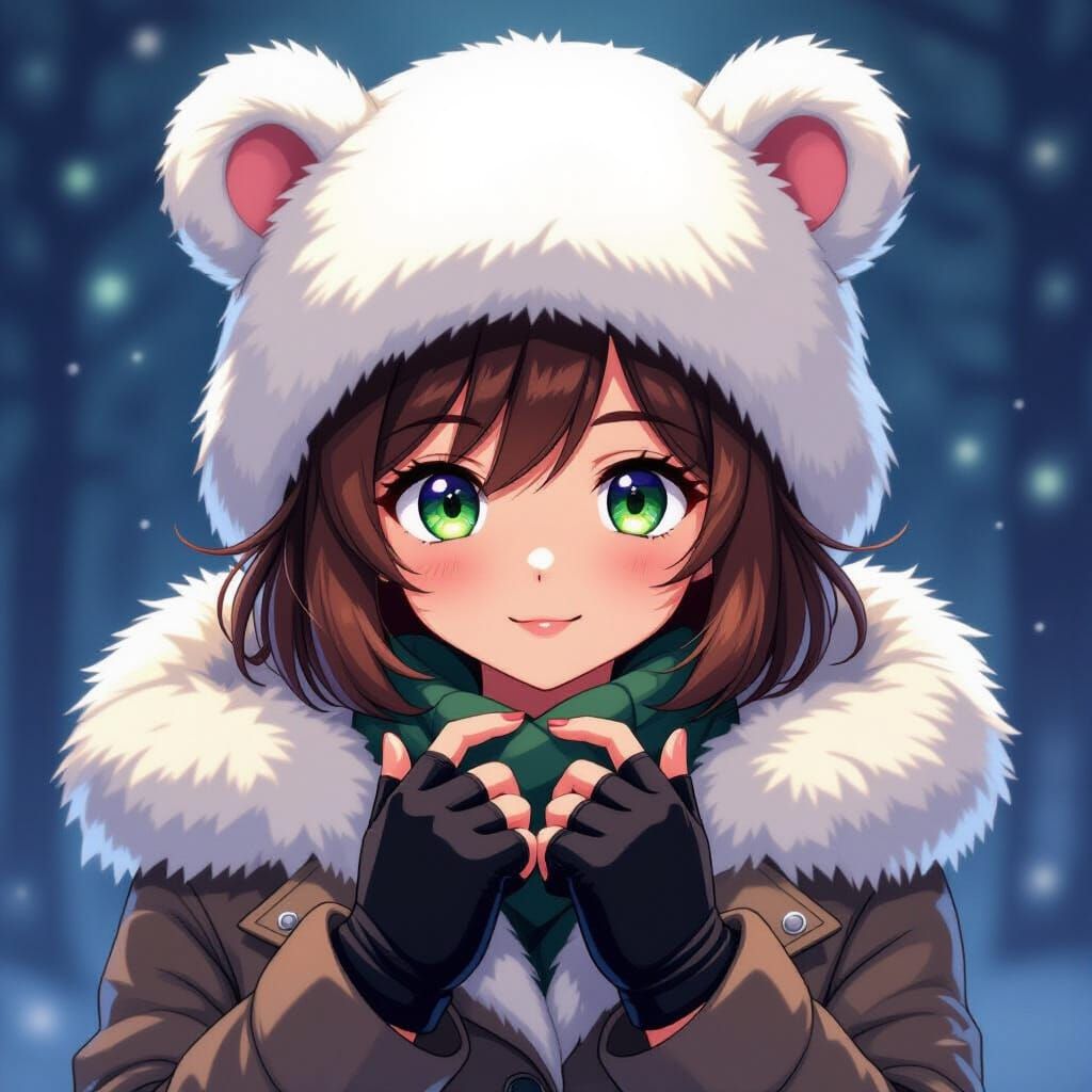 Anime Girl in Bear Ear Hat and Fur Coat