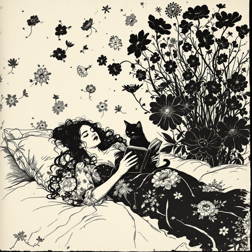 Woman Lost in Vintage Book's Pages, Surrounded by Artistic W...