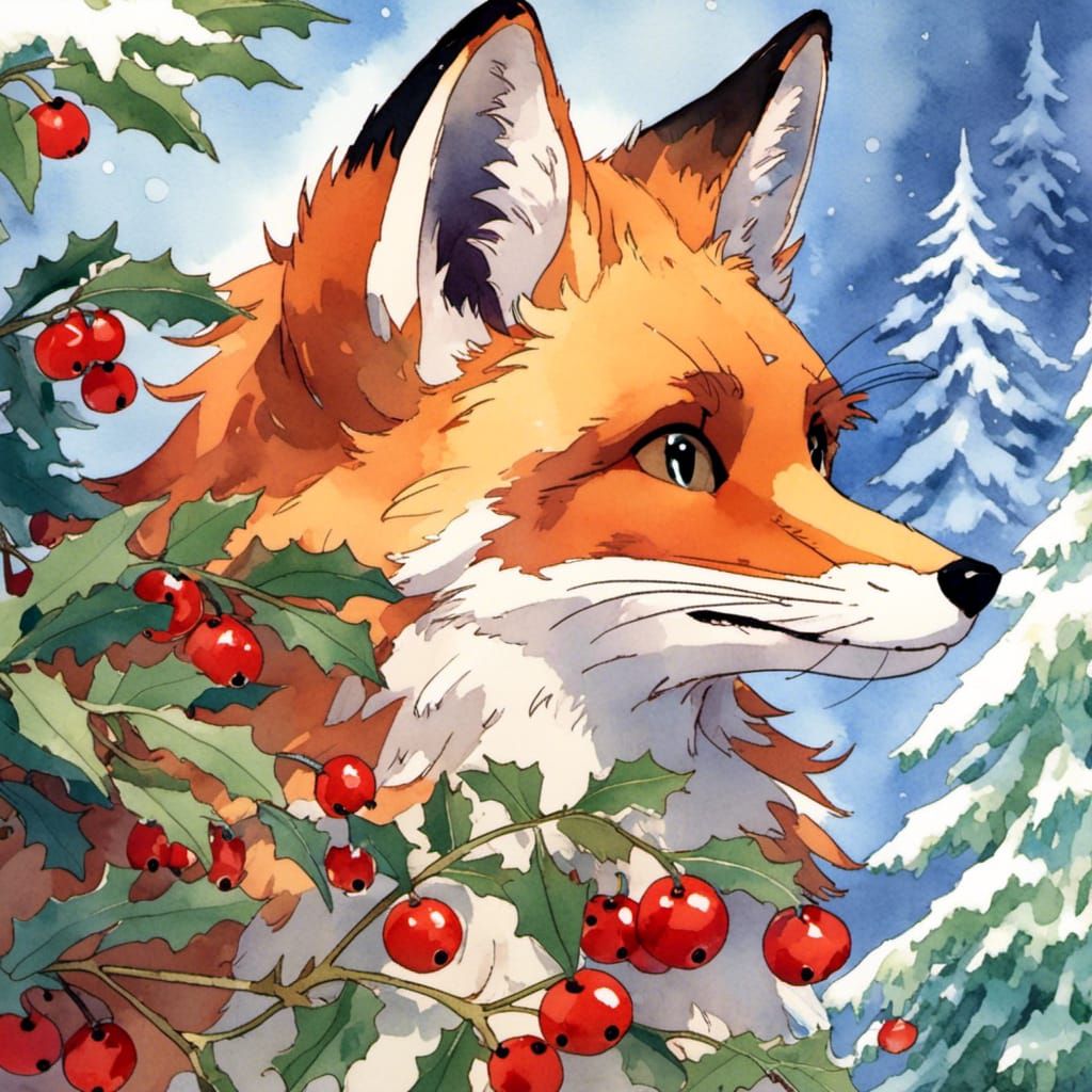 Festive Fox with Holly Berries Watercolor