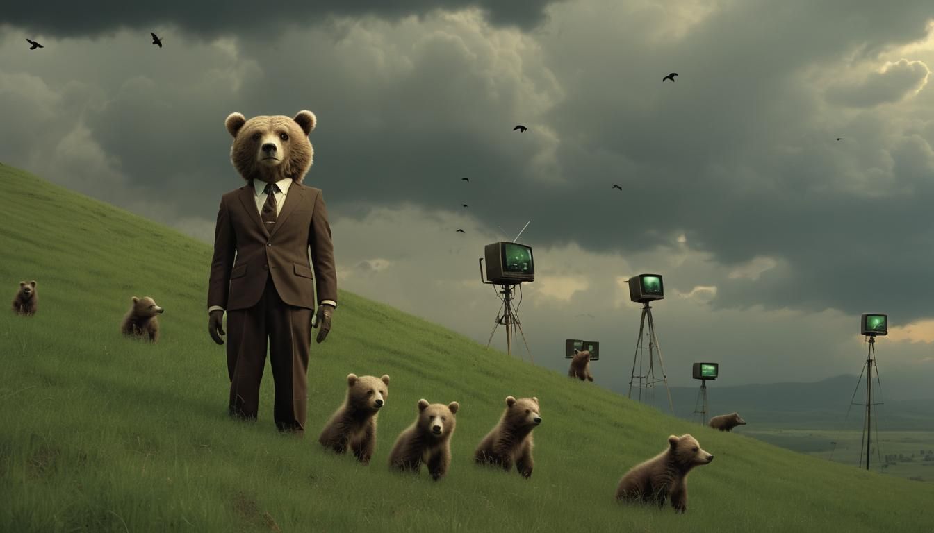 TV Head Man with Bear Cubs in Dark Surrealism