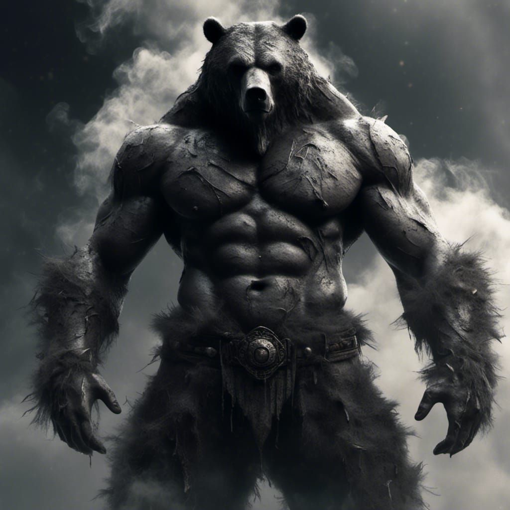 Muscular Bear-Man in Smoke, Lifelike 3D Render