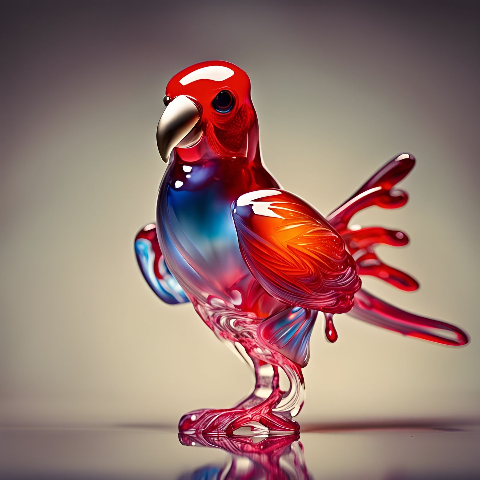Molten Red Glass Parrot Figurine, Hyperrealistic Photography