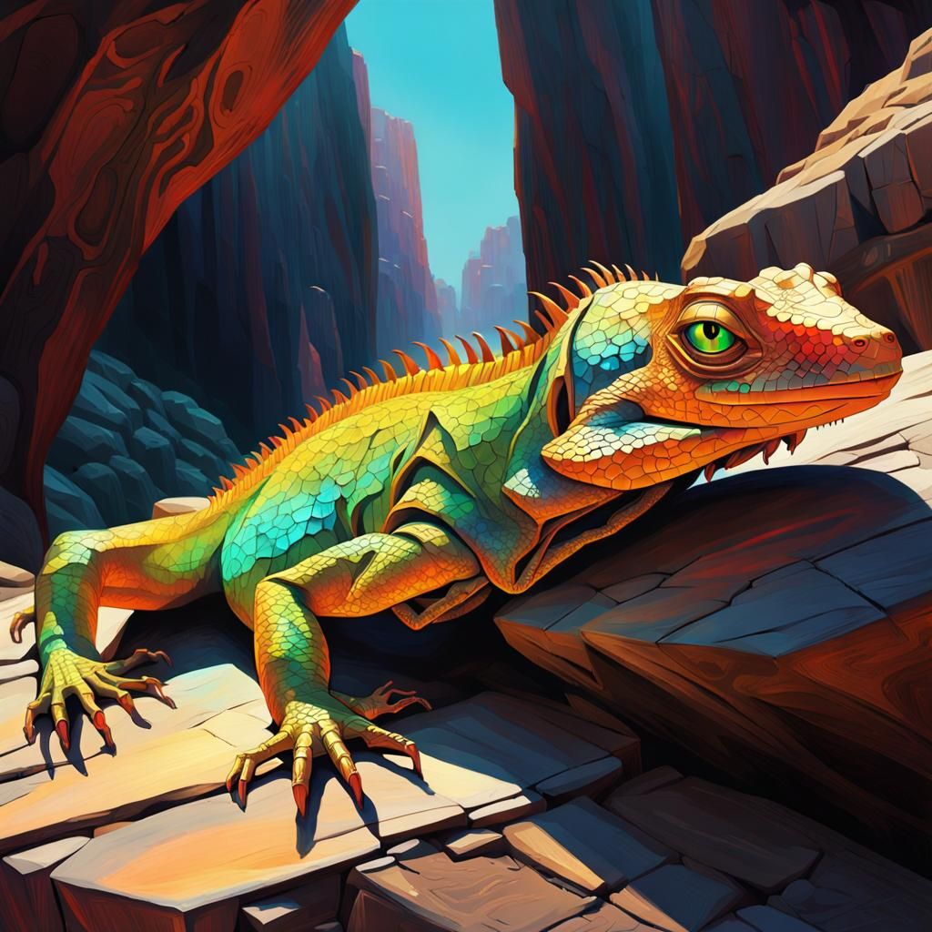 Neon Lizard Basking in Sunlight: Biomechanical Surrealism