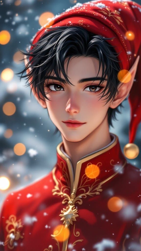 Anime Christmas Elf Portrait in Watercolor Style