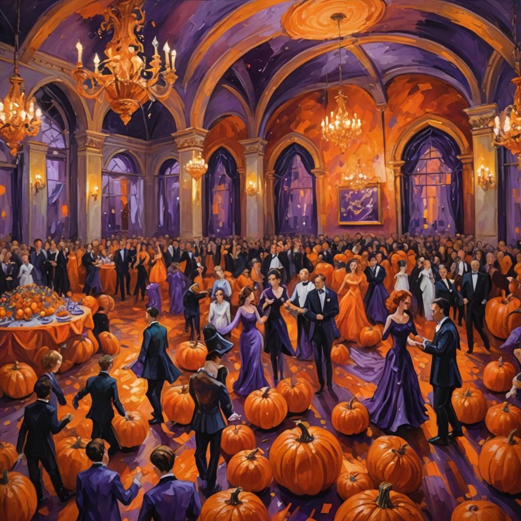 Halloween Ballroom Party in Neo-Impressionist Style