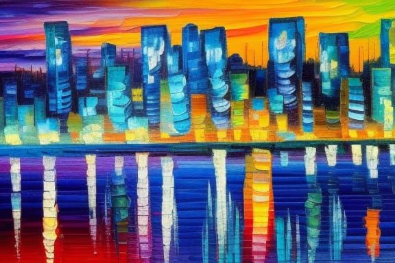 lo-fi cityscape at night neo-impressionism expressionist style oil painting, smooth post-impressionist impasto acrylic p...
