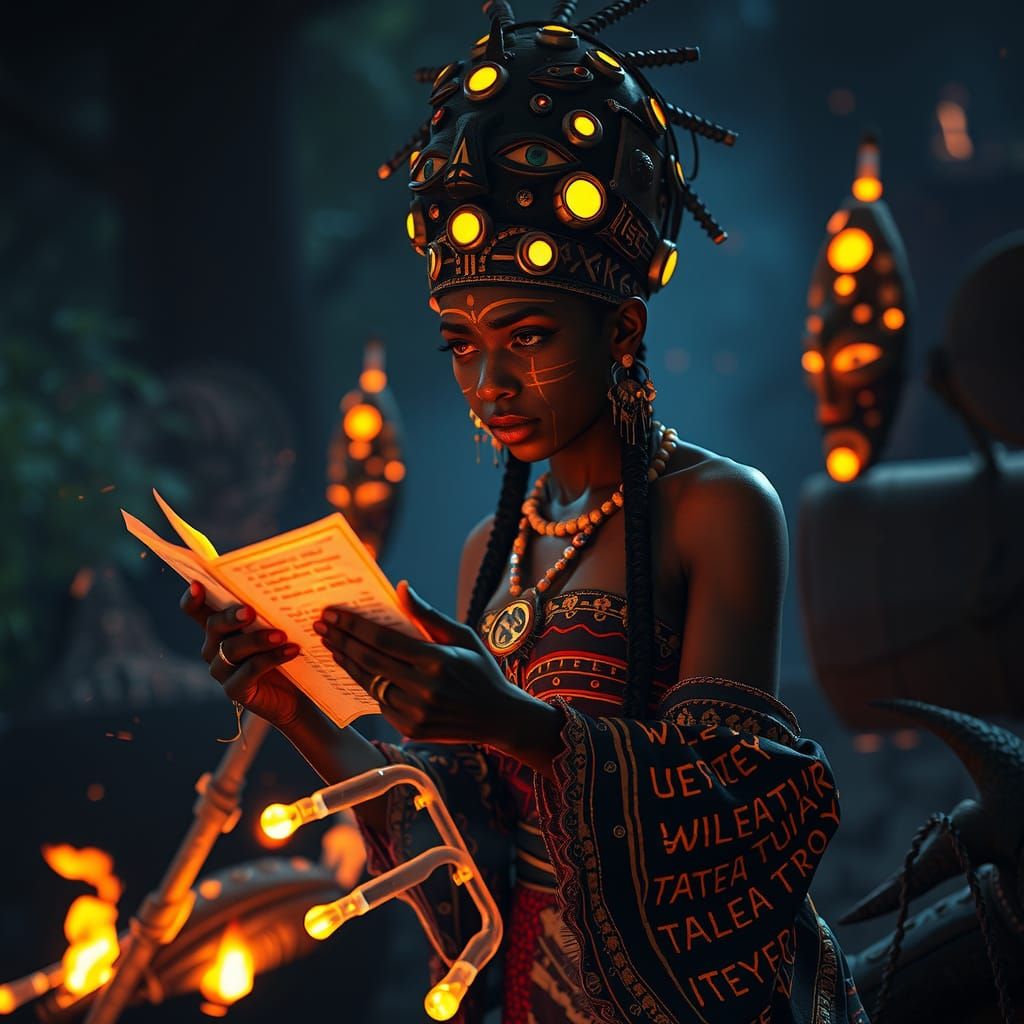 African Witch Studies Runes in Surrealist Style