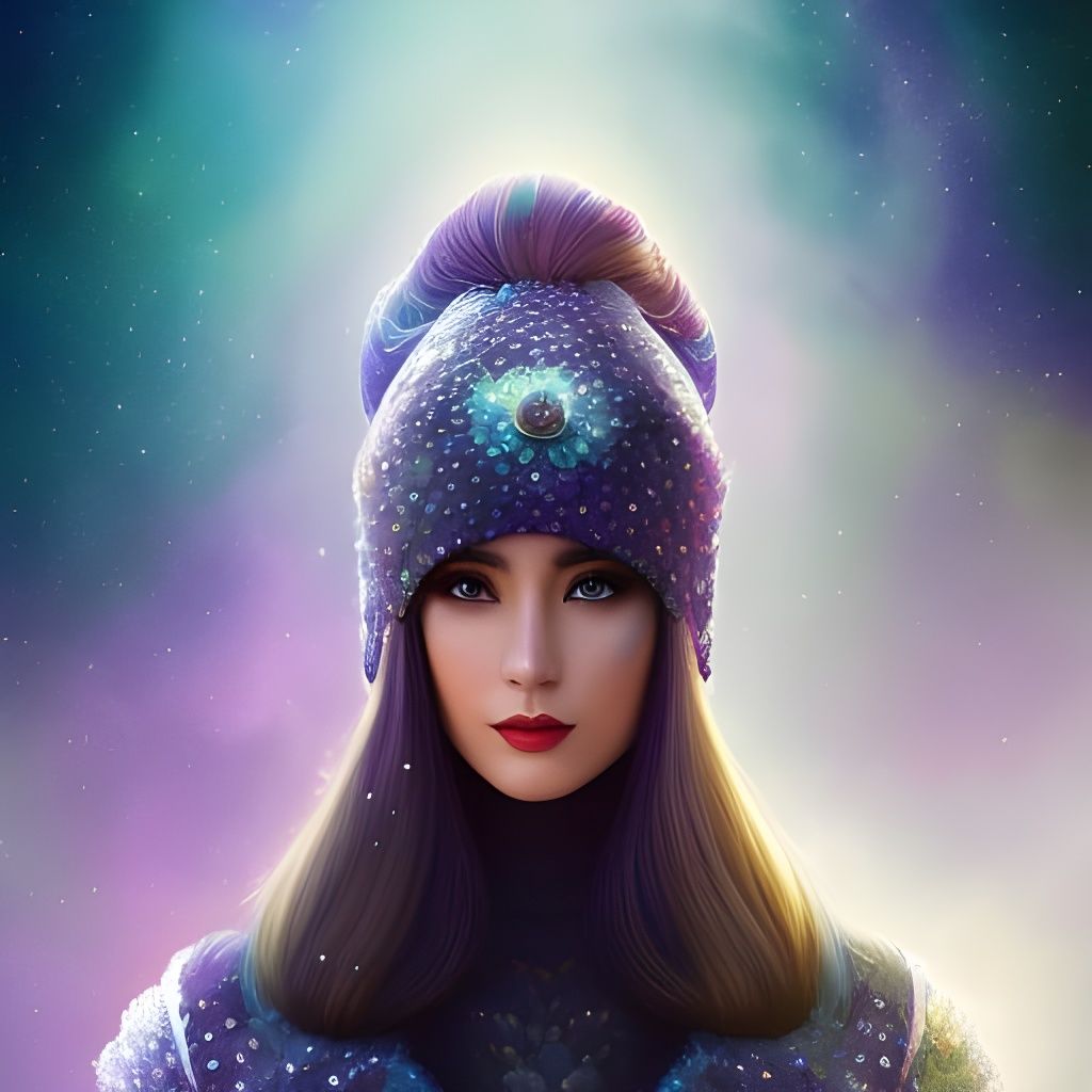 Ethereal Duck Woman Portrait with Chalcedony Damask Pattern