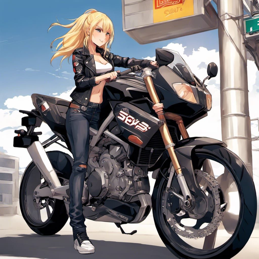 Anime Girl on Sports Bike in Leather Jacket