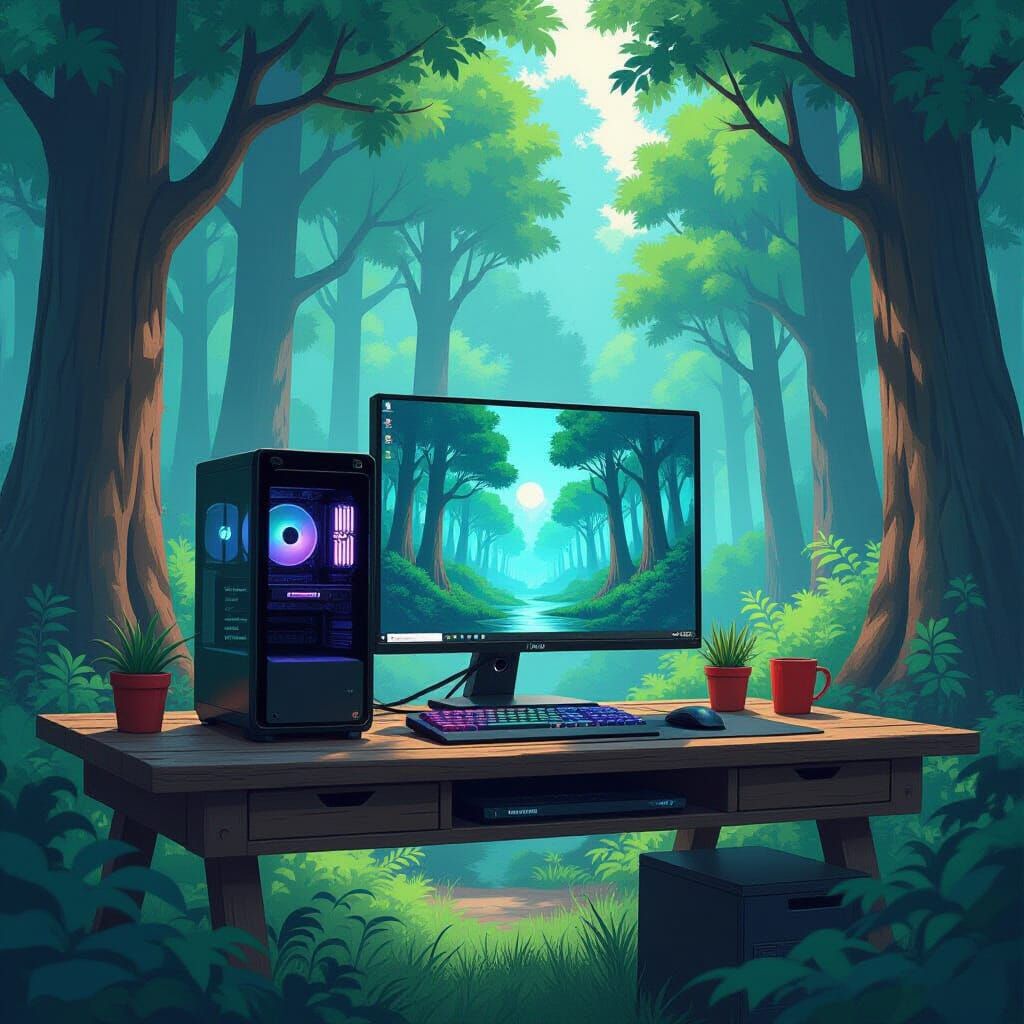 Gaming PC in Enchanted Forest, Miyazaki & Syd Mead Inspired
