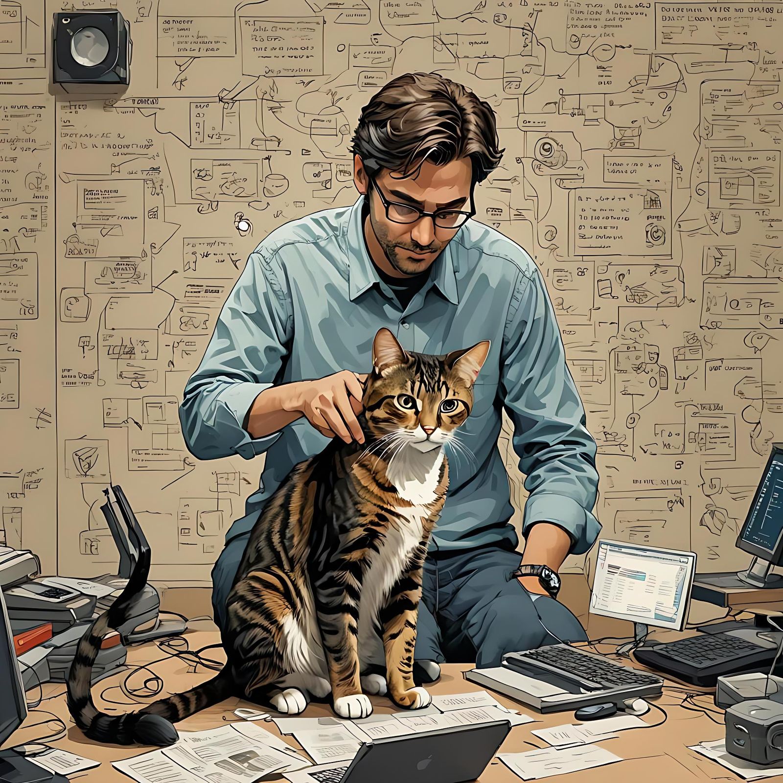IT Professional Debugging with Cat, Detailed Matte Painting