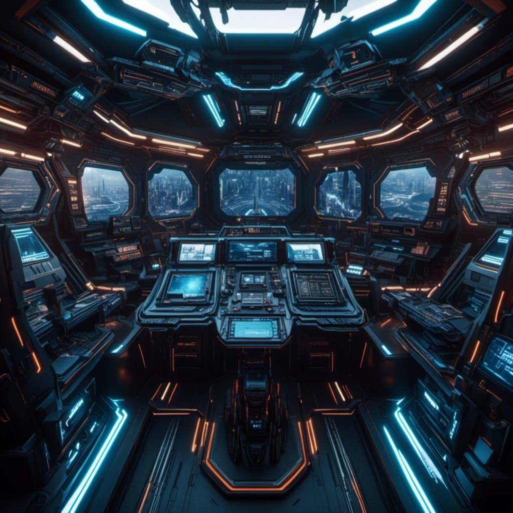 Futuristic Spaceship Cockpit in Cyberpunk Style