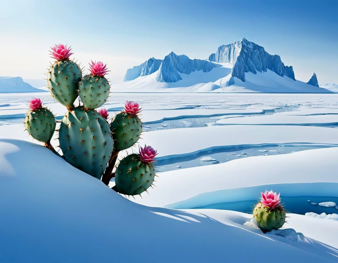 a prickly-pear cactus sprouting out of the ice