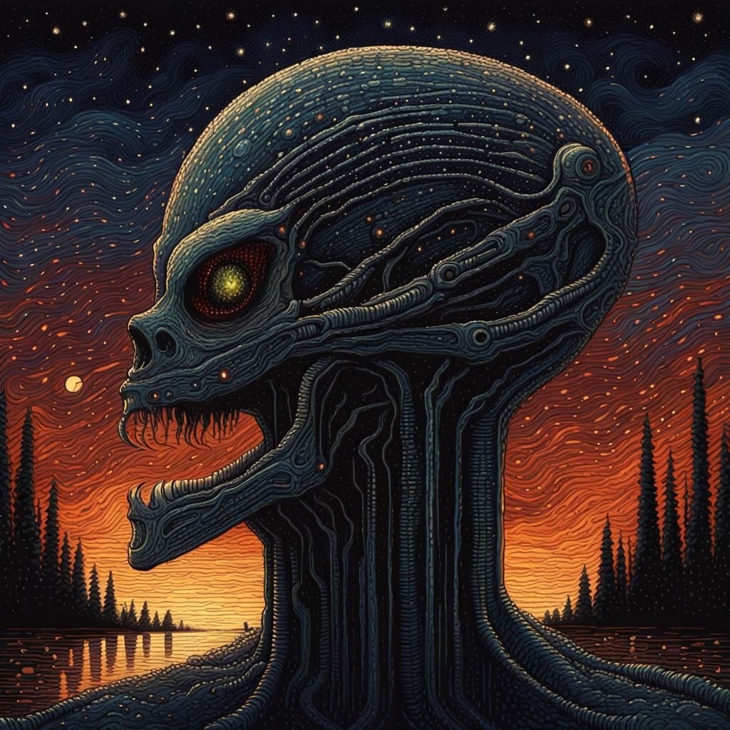 Nightmarish Pixel-Art Dreamscape with Alien Terminator