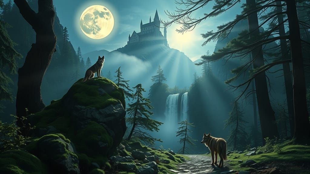 Ethereal Moonlit Forest with Wolves
