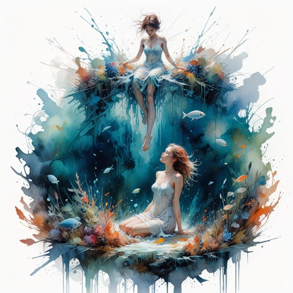 Humans Living Beneath the Sea in Watercolour Style